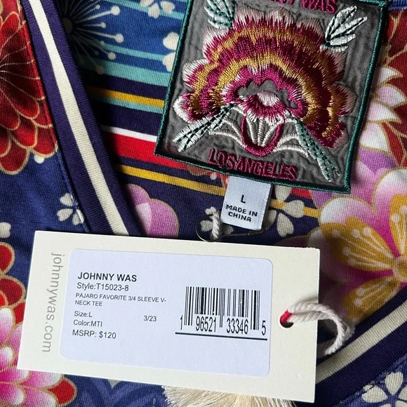 Johnny Was Large Pajaro Favorite 3/4 Sleeve V-Neck Multicolor Top NWT - Picture 8 of 9